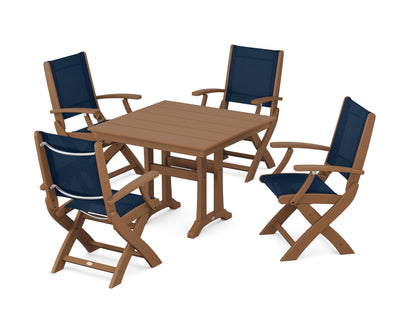 POLYWOOD® Coastal Folding Chair 5-Piece Farmhouse Dining Set With Trestle Legs in Teak / Navy Blue Sling