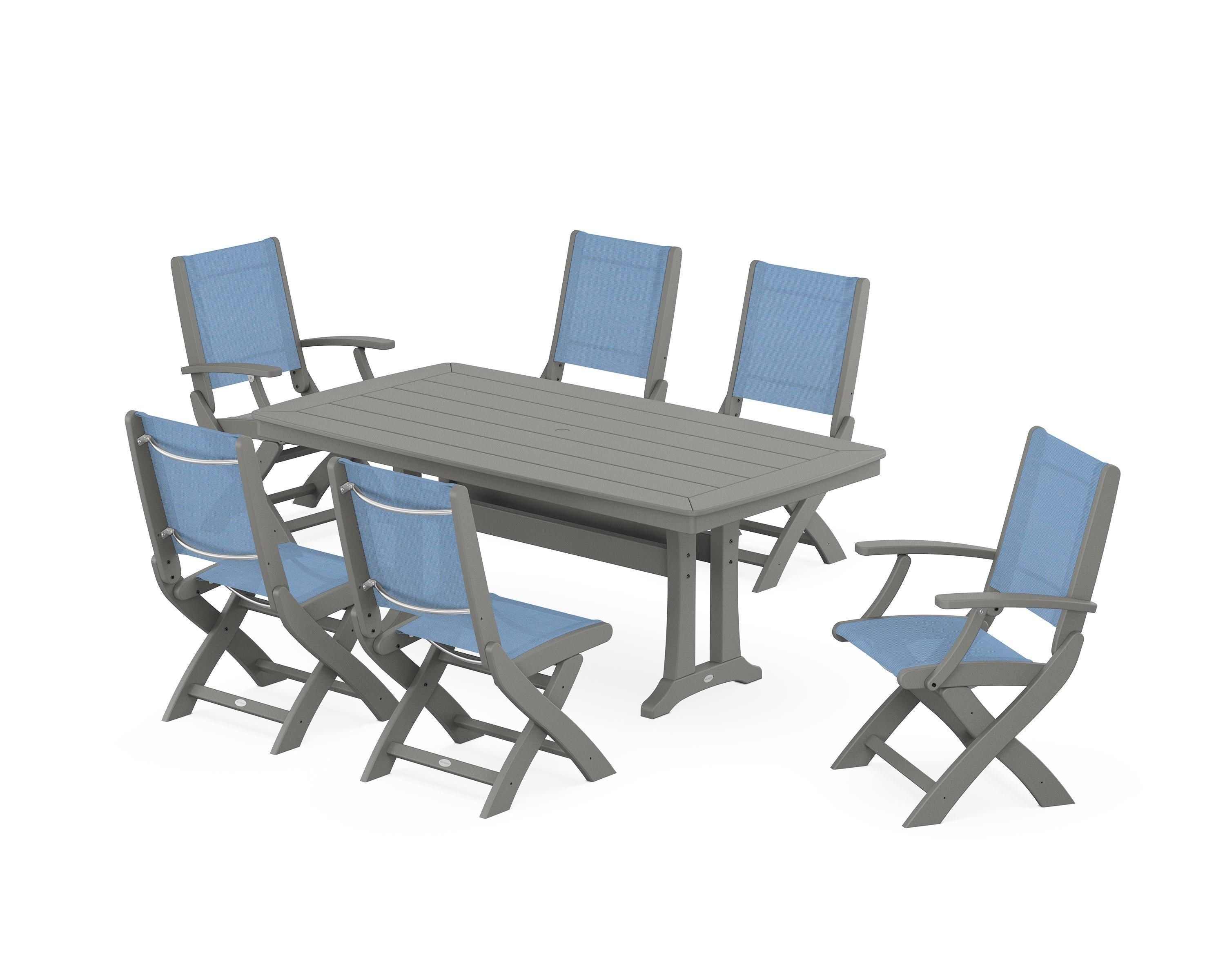 POLYWOOD® Coastal Folding Chair 7-Piece Dining Set with Trestle Legs in Slate Grey / Poolside Sling