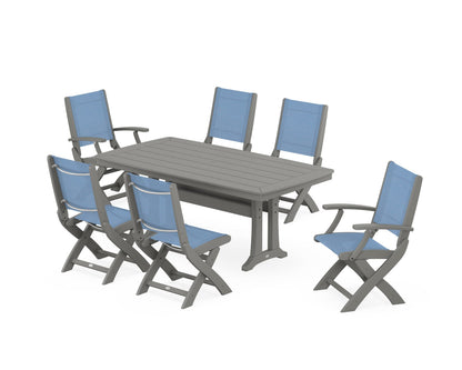 POLYWOOD® Coastal Folding Chair 7-Piece Dining Set with Trestle Legs in Slate Grey / Poolside Sling