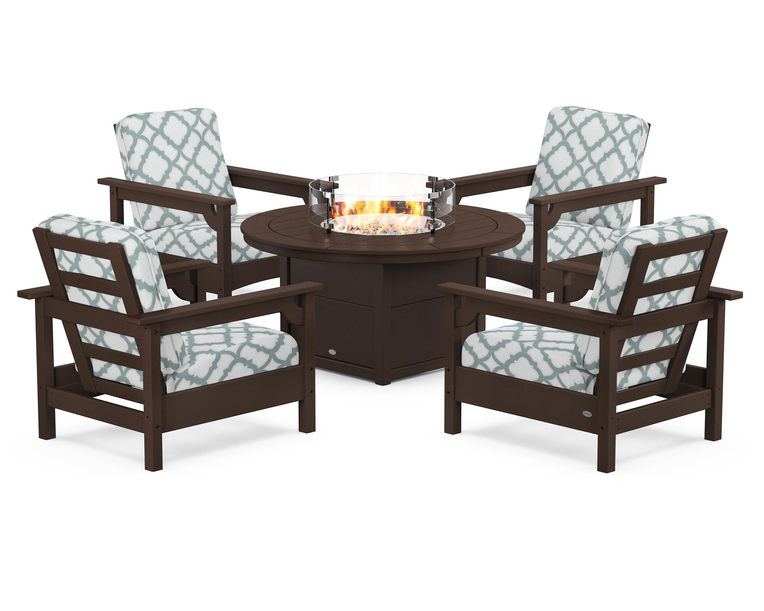 POLYWOOD® Club 5-Piece Conversation Set with Fire Pit Table in Mahogany / Trellis Glacier Spa