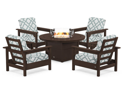 POLYWOOD® Club 5-Piece Conversation Set with Fire Pit Table in Mahogany / Trellis Glacier Spa