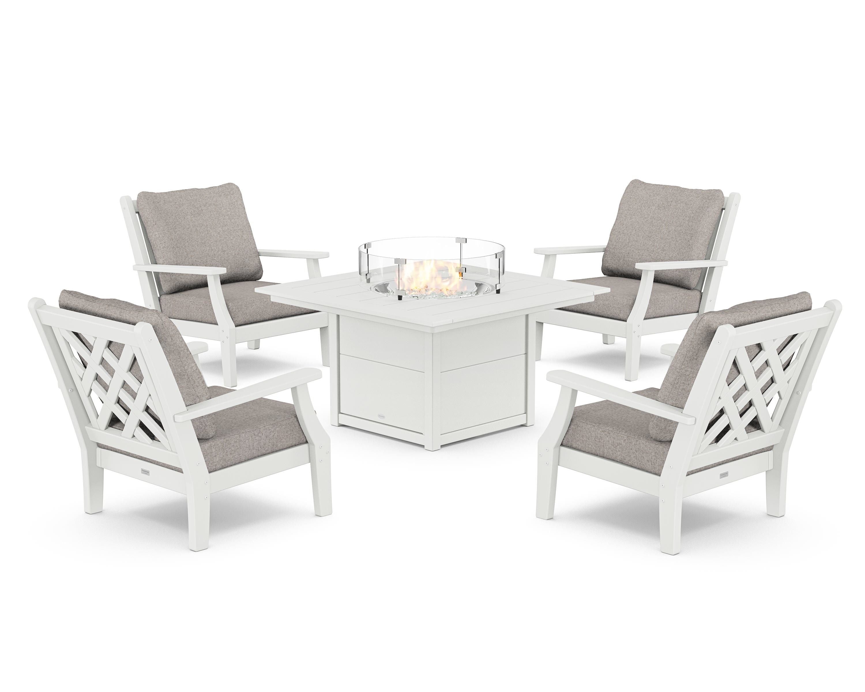 Country Living Wovendale 5-Piece Deep Seating Set with Fire Pit Table in White / Weathered Tweed