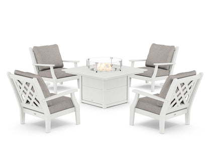 Country Living Wovendale 5-Piece Deep Seating Set with Fire Pit Table in White / Weathered Tweed