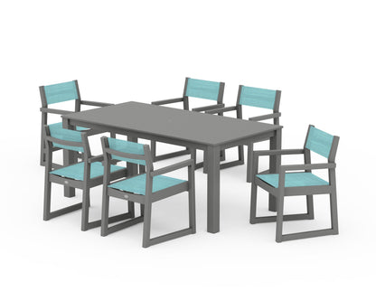 POLYWOOD® EDGE Sling Arm Chair 7-Piece Parsons Dining Set in Slate Grey / Dupioni Aquamarine Sling