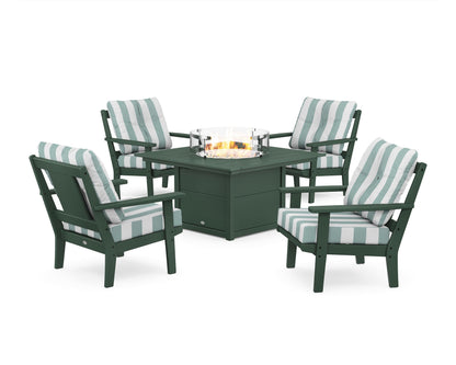 POLYWOOD® Prairie 5-Piece Deep Seating Set with Fire Pit Table in Green / Cabana Stripe Glacier Spa