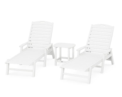 POLYWOOD® Nautical 3-Piece Chaise Lounge with Arms Set with South Beach 18" Side Table in White