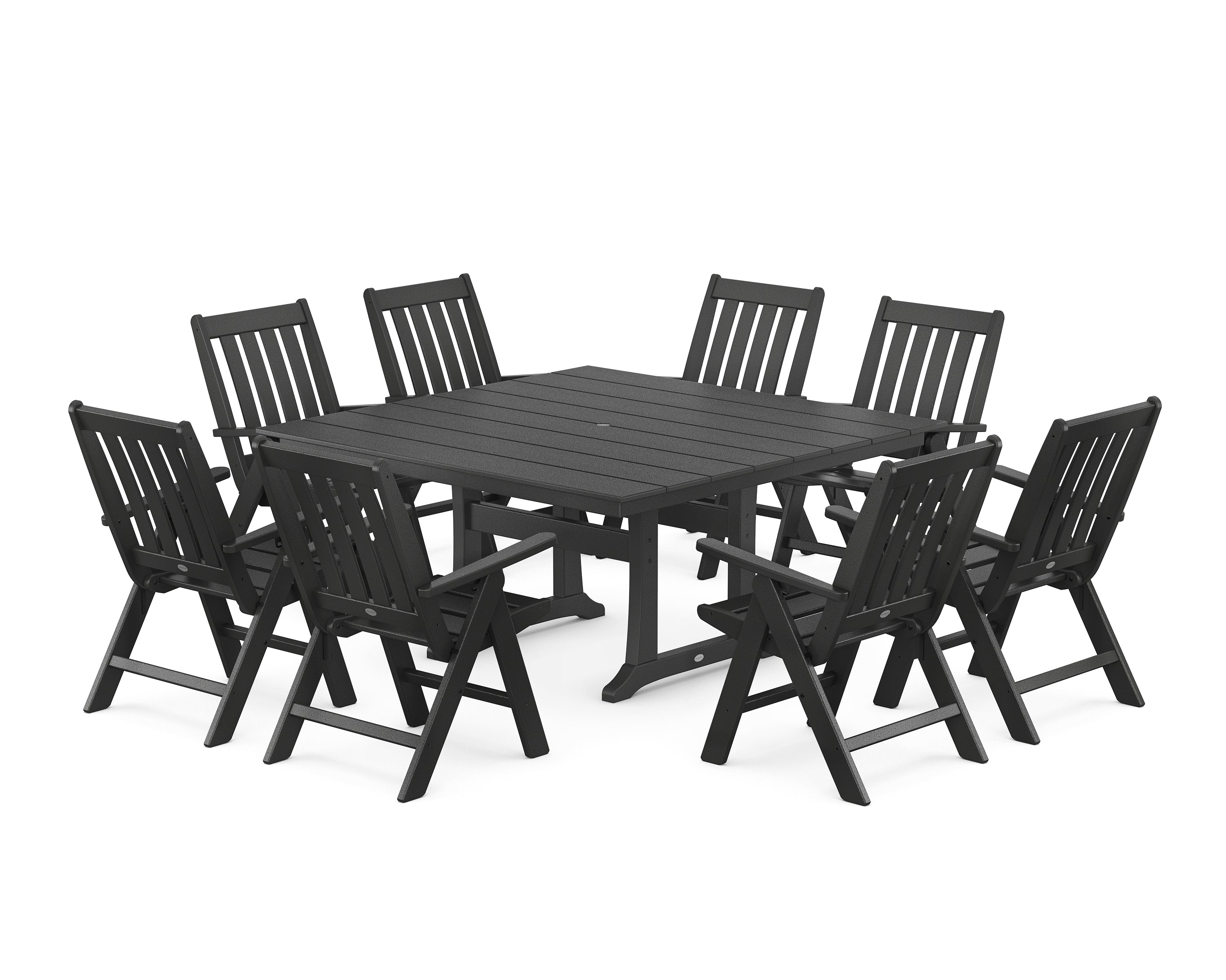 POLYWOOD® Vineyard Folding Chair 9-Piece Square Farmhouse Dining Set with Trestle Legs in Black