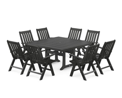 POLYWOOD® Vineyard Folding Chair 9-Piece Square Farmhouse Dining Set with Trestle Legs in Black