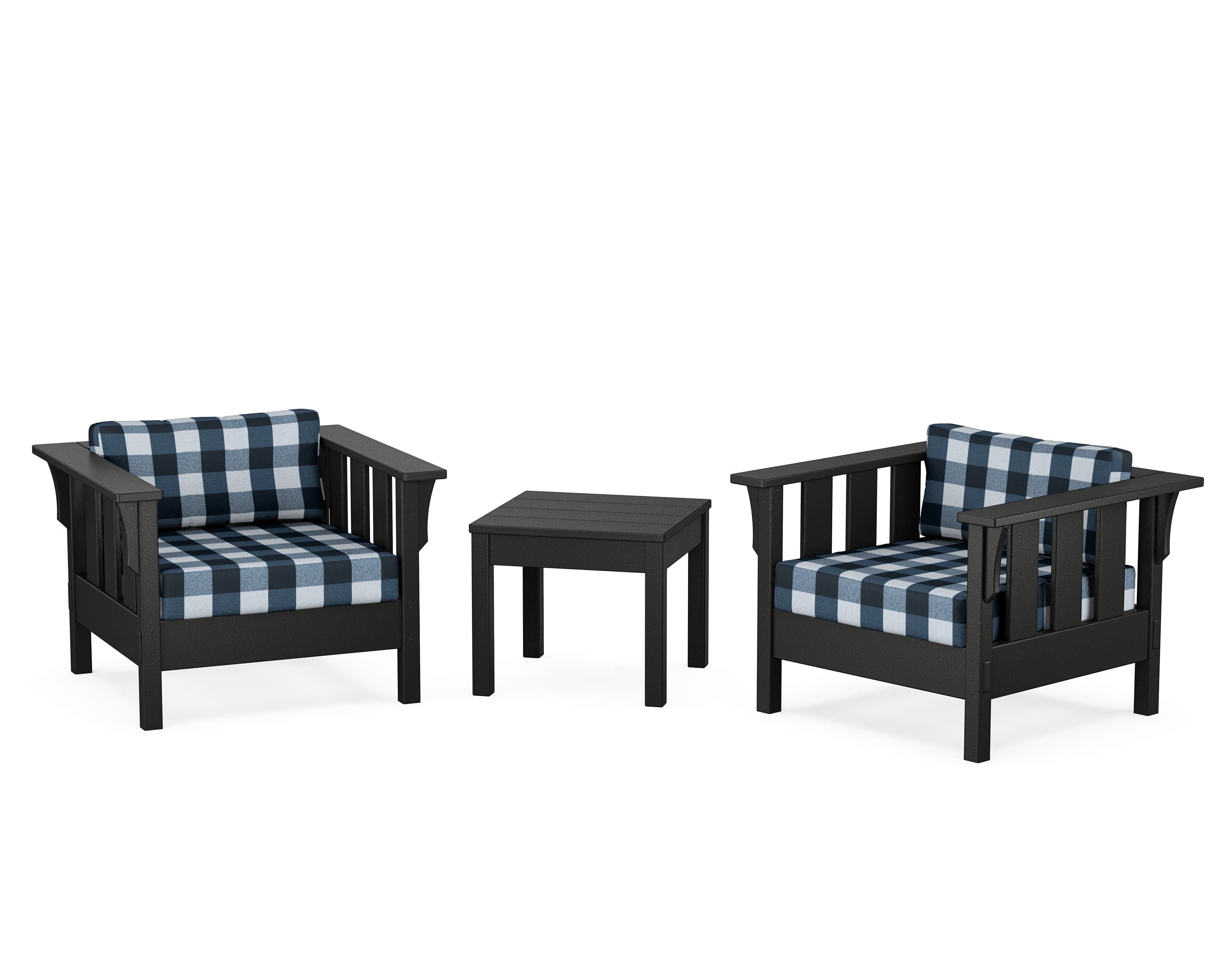 Martha Stewart by POLYWOOD® Acadia 3-Piece Deep Seating Set in Black / Buffalo Plaid Marine Indigo