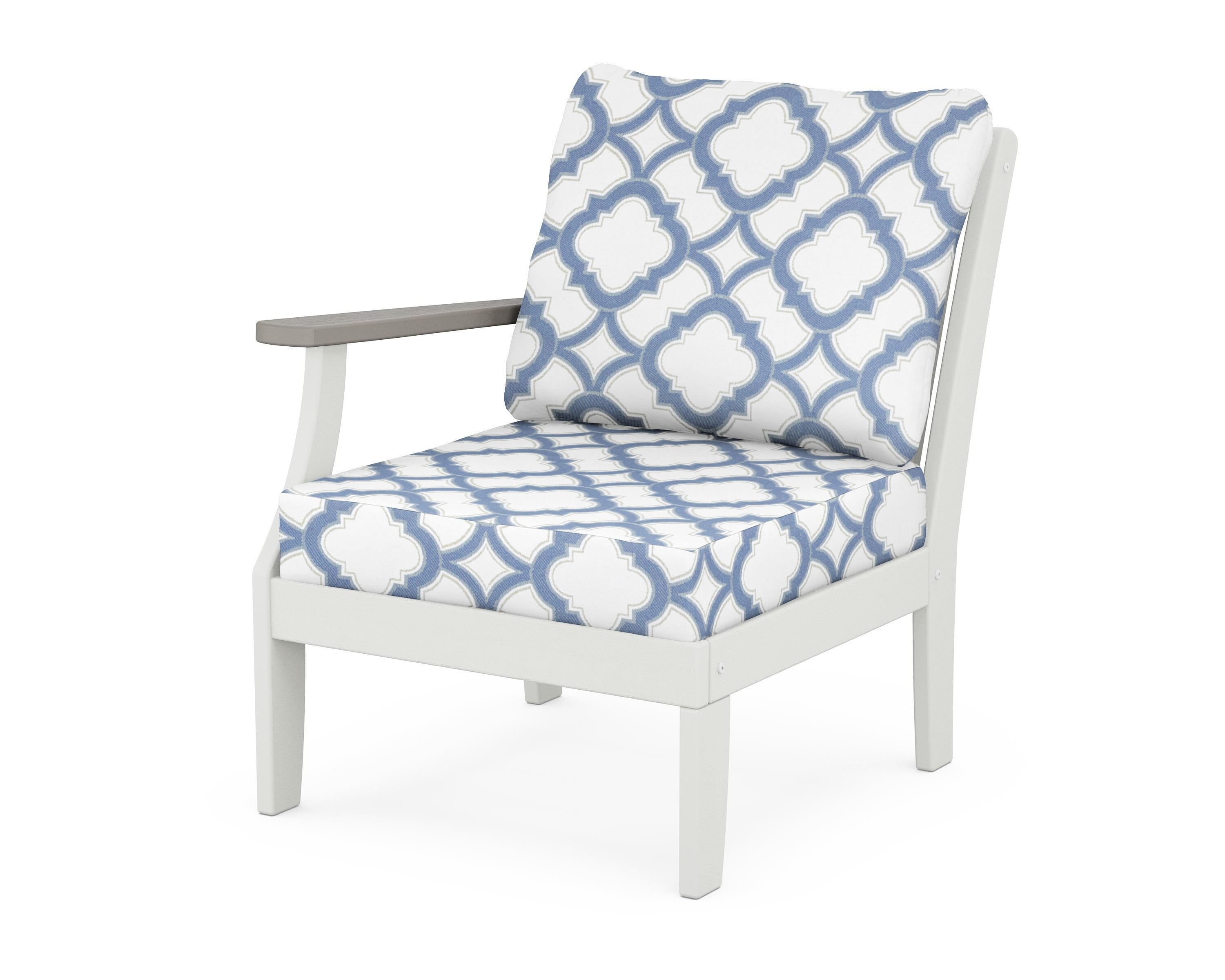 POLYWOOD® Braxton Modular Left Arm Chair in White / Driftwood / Trellis Sky Blue