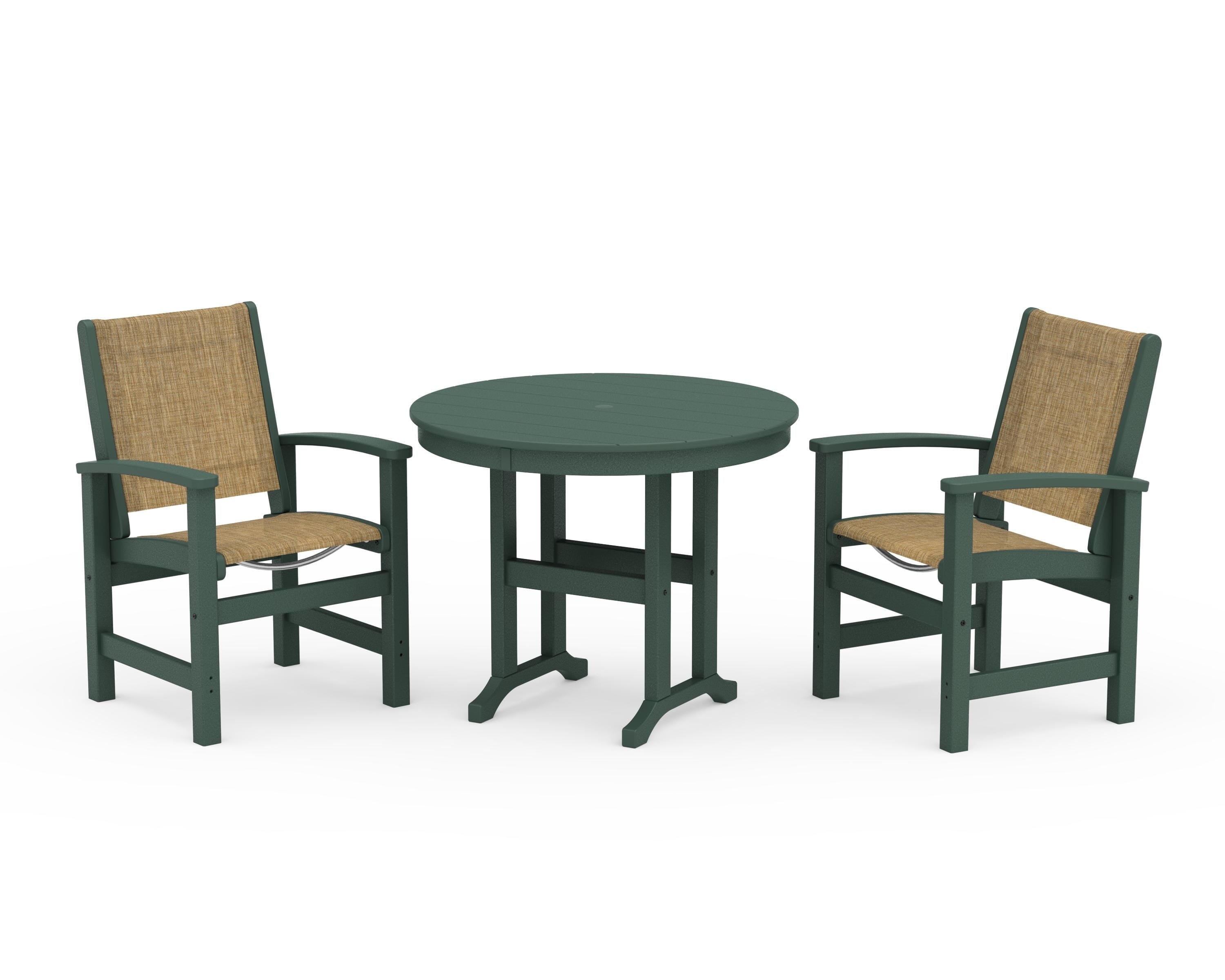 POLYWOOD® Coastal 3-Piece Round Dining Set in Green / Burlap Sling