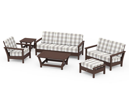 POLYWOOD® Harbour 6-Piece Outdoor Living Set in Mahogany / Buffalo Plaid Grey Mist