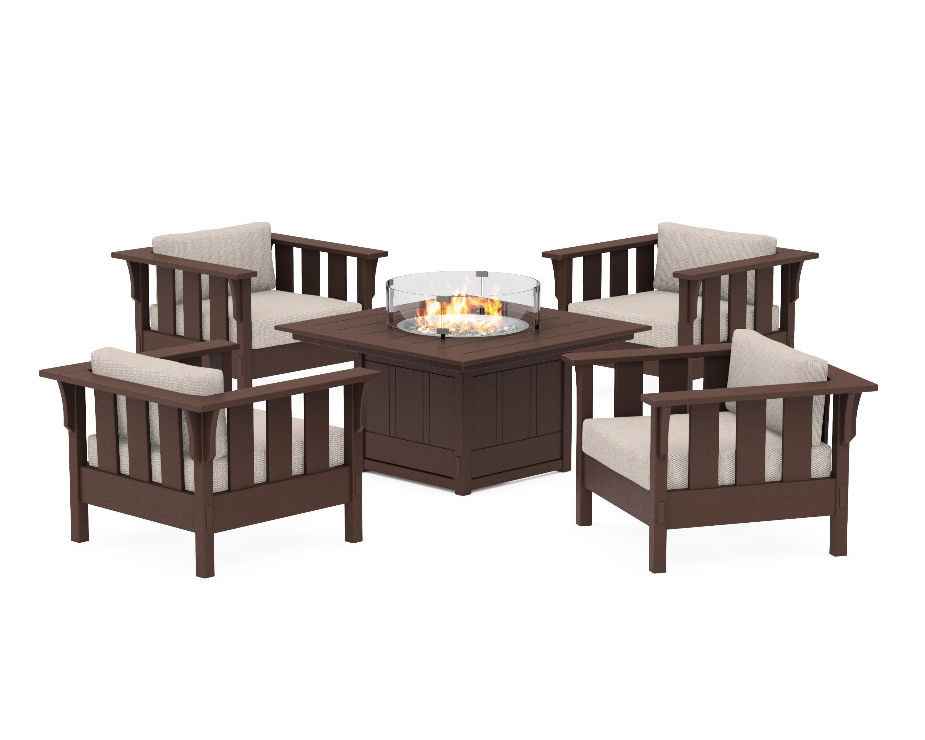 Martha Stewart by POLYWOOD® Acadia 5-Piece Deep Seating Set with Fire Pit Table in Mahogany / Blend Linen
