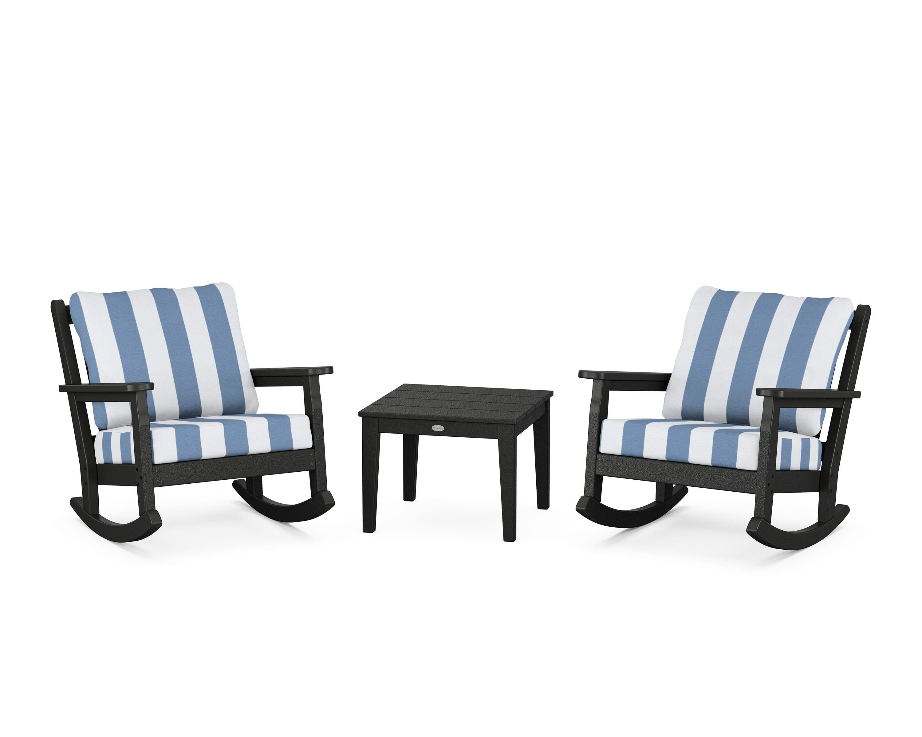 POLYWOOD® Chippendale 3-Piece Deep Seating Rocker Set in Black / Cabana Stripe Sky Blue