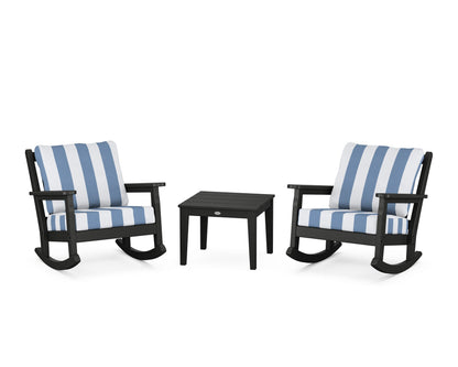POLYWOOD® Chippendale 3-Piece Deep Seating Rocker Set in Black / Cabana Stripe Sky Blue