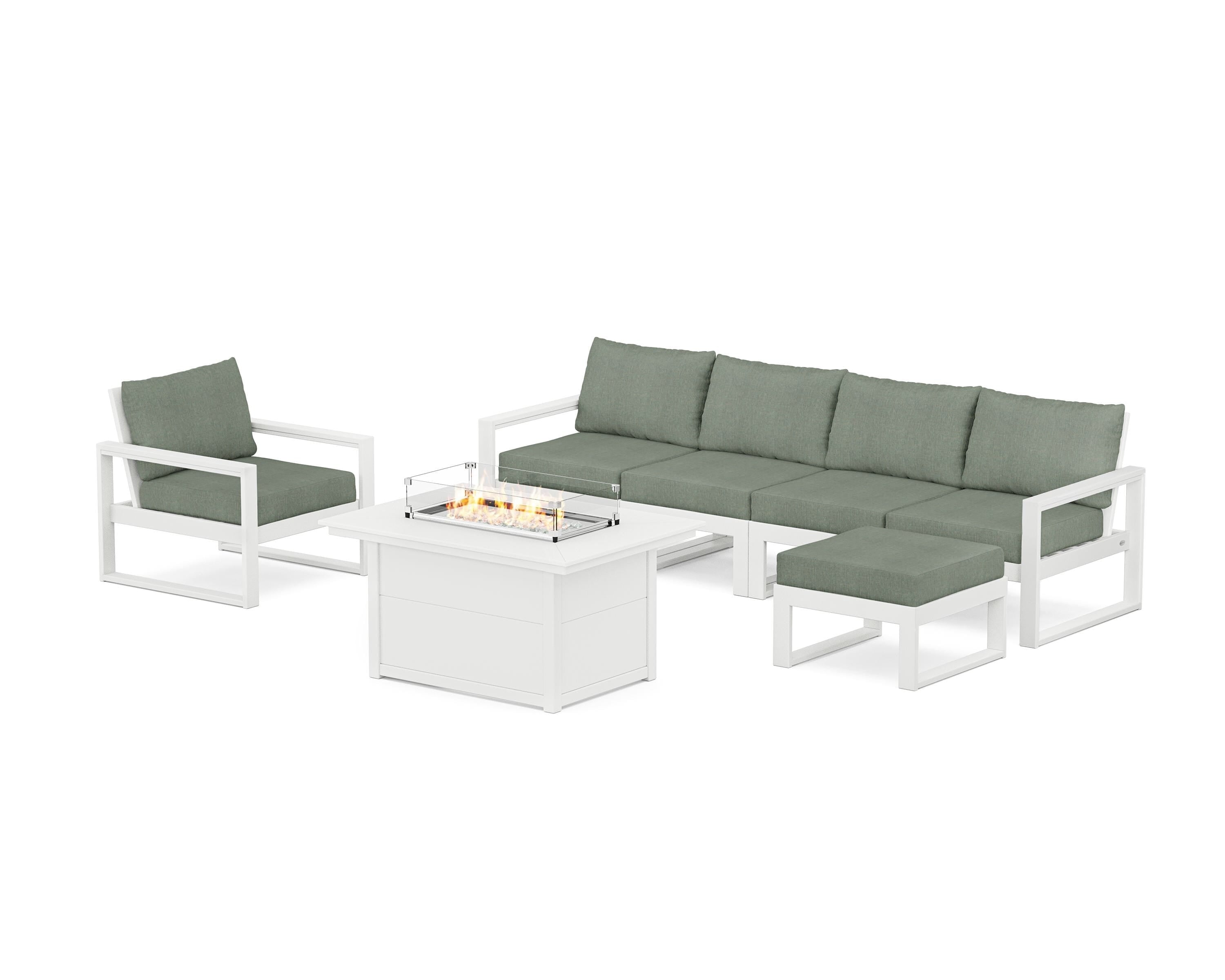 POLYWOOD® EDGE Sectional Lounge and Fire Pit Set in White / Cast Sage