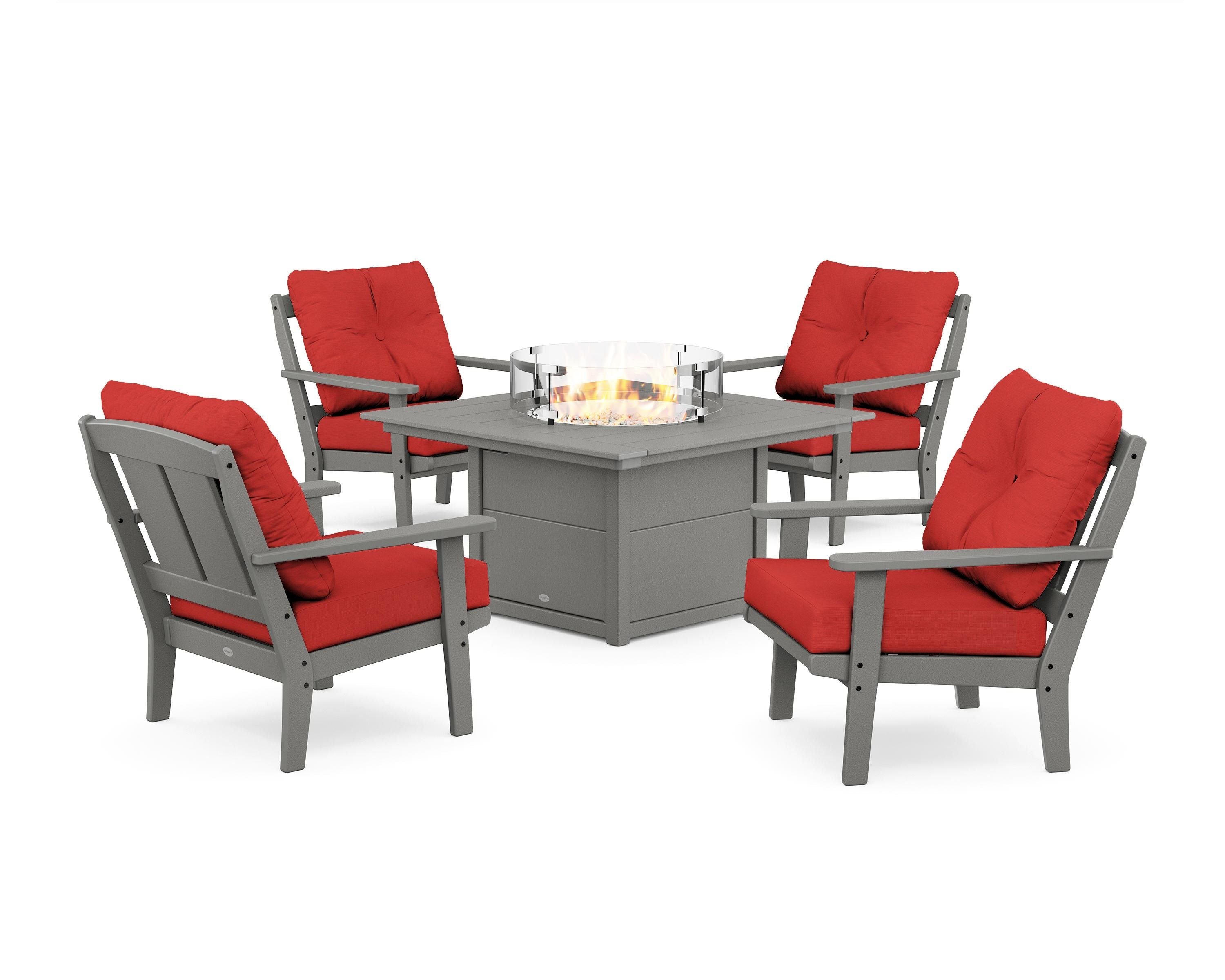 POLYWOOD® Mission 5-Piece Deep Seating Set with Fire Pit Table in Slate Grey / Crimson Linen