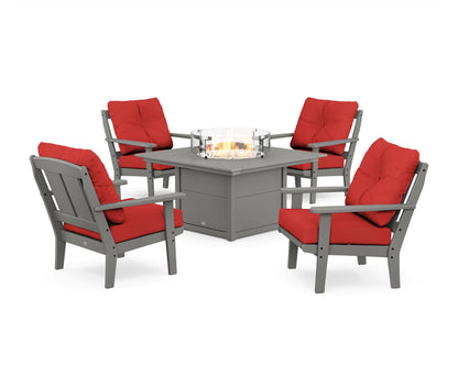POLYWOOD® Mission 5-Piece Deep Seating Set with Fire Pit Table in Slate Grey / Crimson Linen