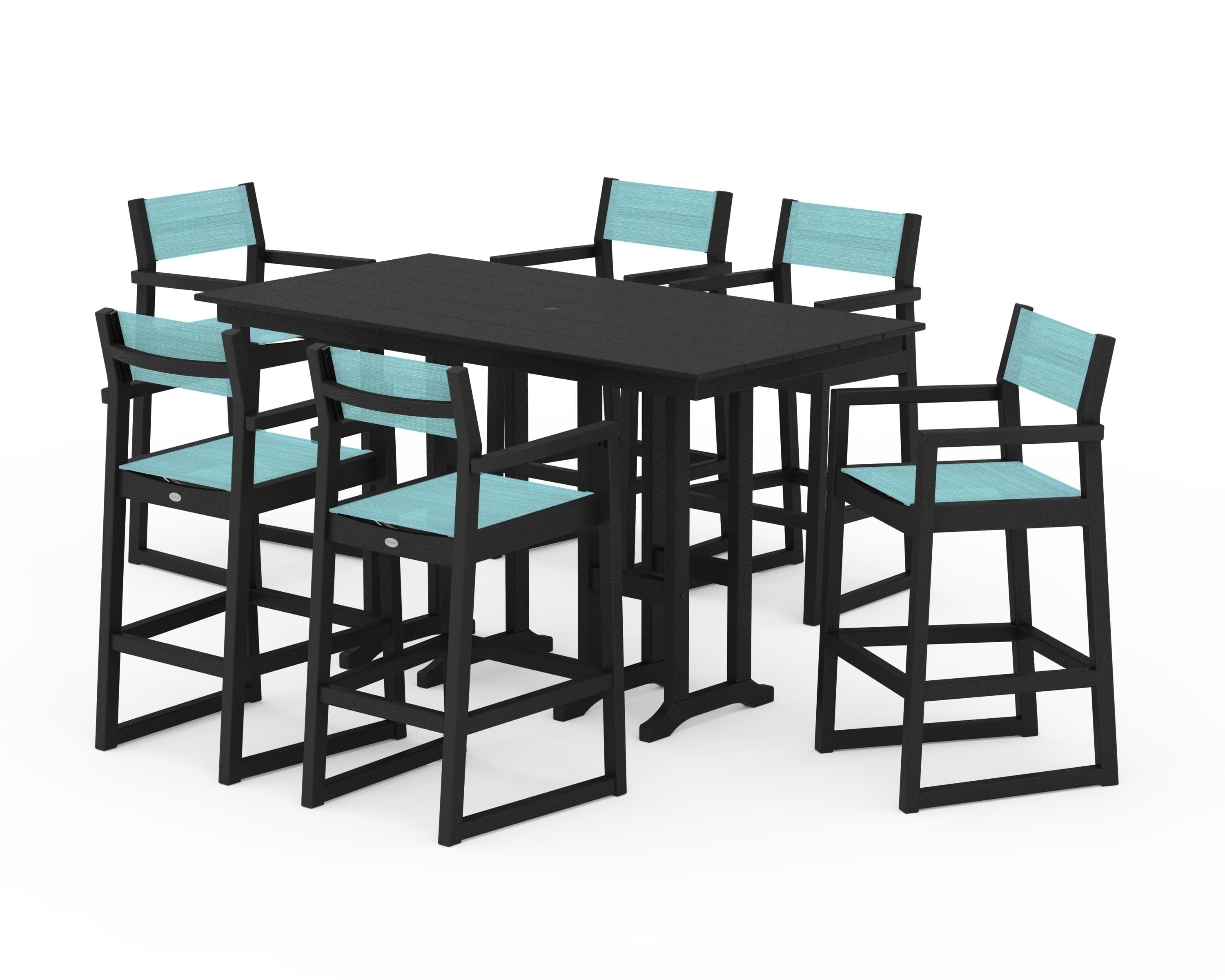 POLYWOOD® EDGE Sling Arm Chair 7-Piece Farmhouse Bar Set in Black / Dupioni Aquamarine Sling