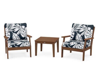 POLYWOOD® Braxton 3-Piece Deep Seating Set in Teak / Leaf Marine Indigo