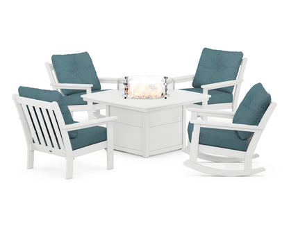 POLYWOOD® Vineyard 5-Piece Deep Seating Rocking Chair Conversation Set with Fire Pit Table in White / Ocean Teal