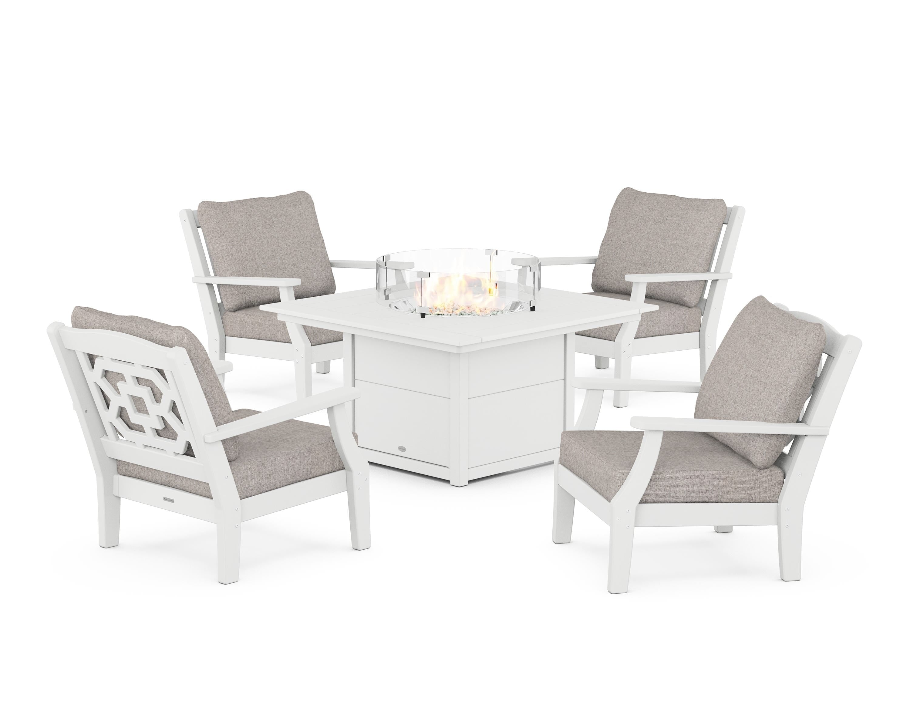 Martha Stewart by POLYWOOD® Chinoiserie 5-Piece Deep Seating Set with Fire Pit Table in White / Weathered Tweed