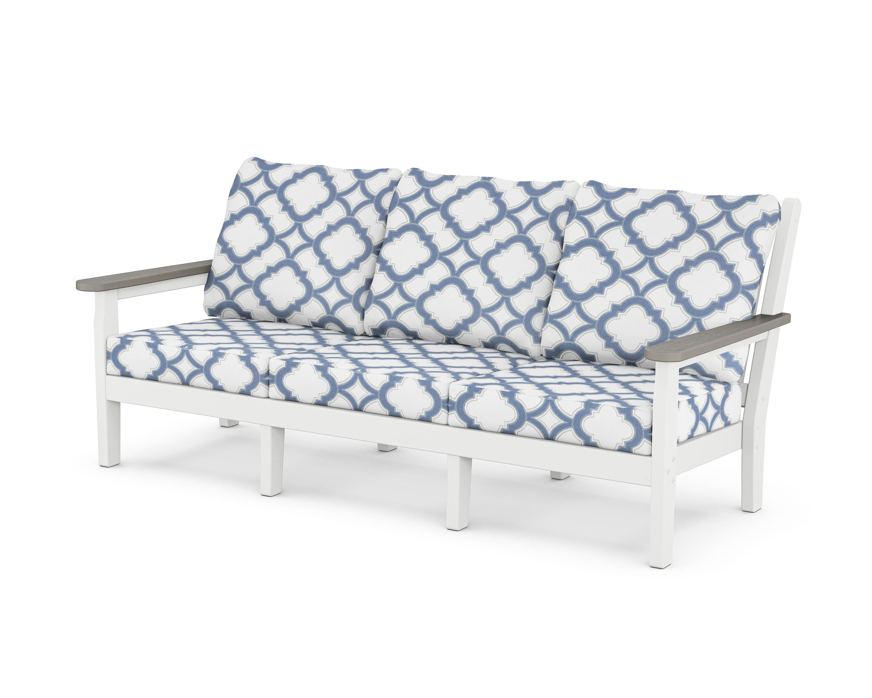 POLYWOOD® Chippendale Deep Seating Sofa in White / Driftwood / Trellis Sky Blue