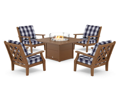 Country Living Wovendale 5-Piece Deep Seating Set with Fire Pit Table in Teak / Buffalo Plaid Navy