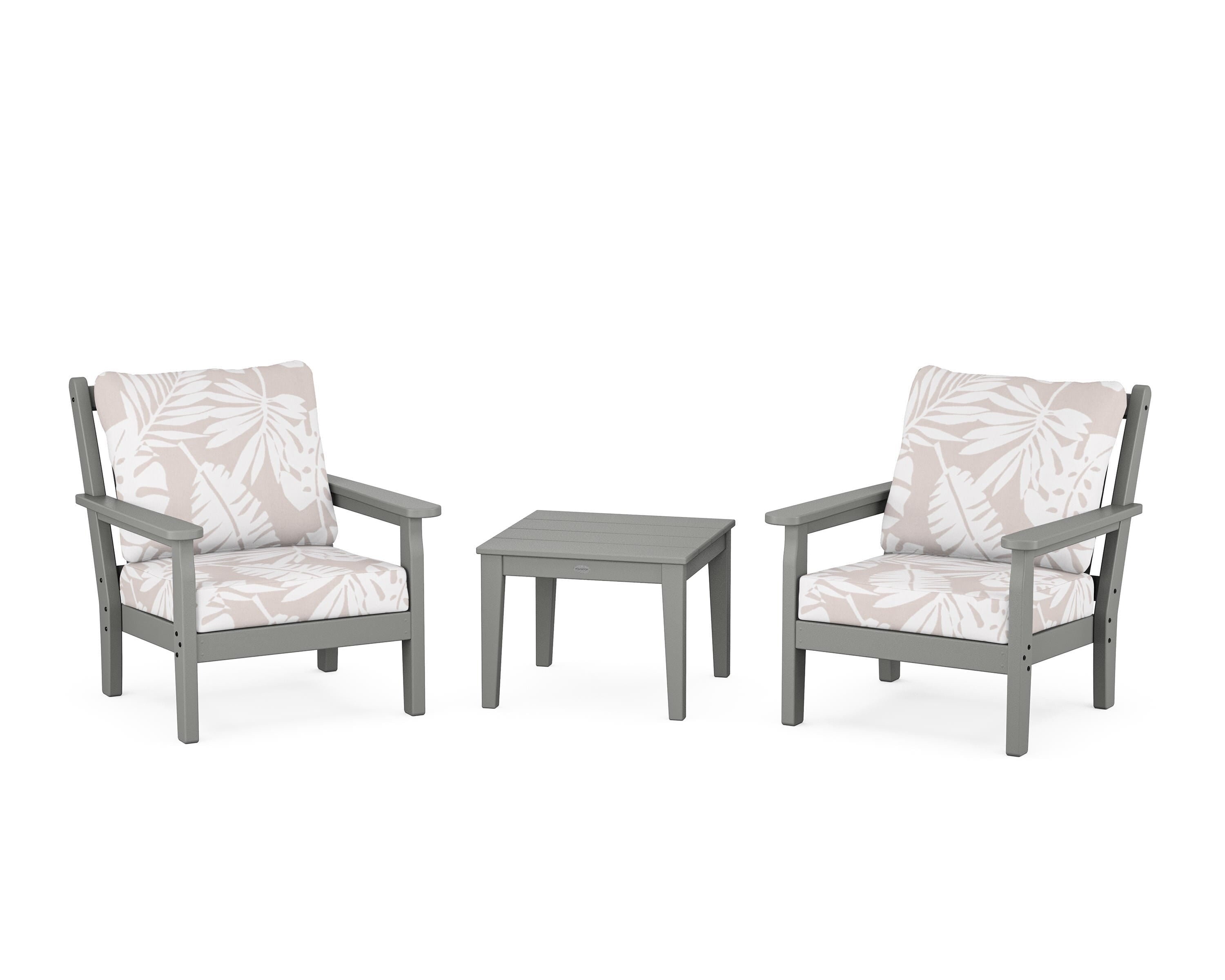 POLYWOOD® Chippendale 3-Piece Deep Seating Set in Slate Grey / Leaf Dune Burlap