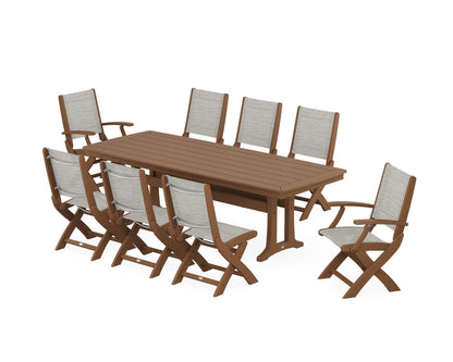 POLYWOOD® Coastal Folding 9-Piece Dining Set with Trestle Legs in Teak / Birch Sling
