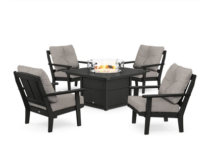 POLYWOOD® Mission 5-Piece Deep Seating Set with Fire Pit Table in Black / Weathered Tweed