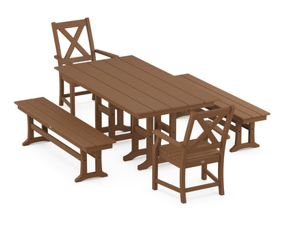 POLYWOOD® Braxton 5-Piece Farmhouse Dining Set with Benches in Teak