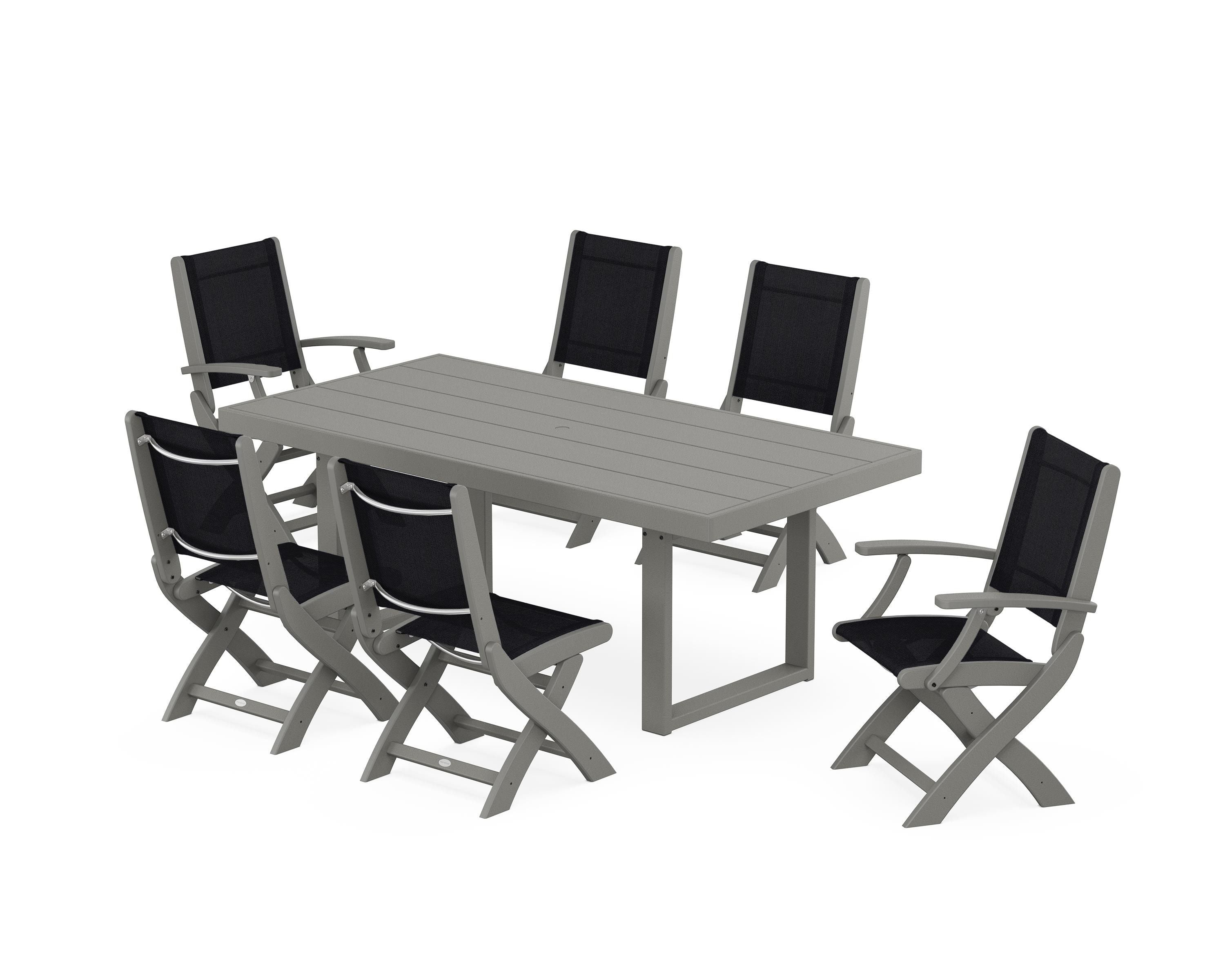 POLYWOOD® Coastal Folding Chair 7-Piece Dining Set with Trestle Legs in Slate Grey / Black Sling
