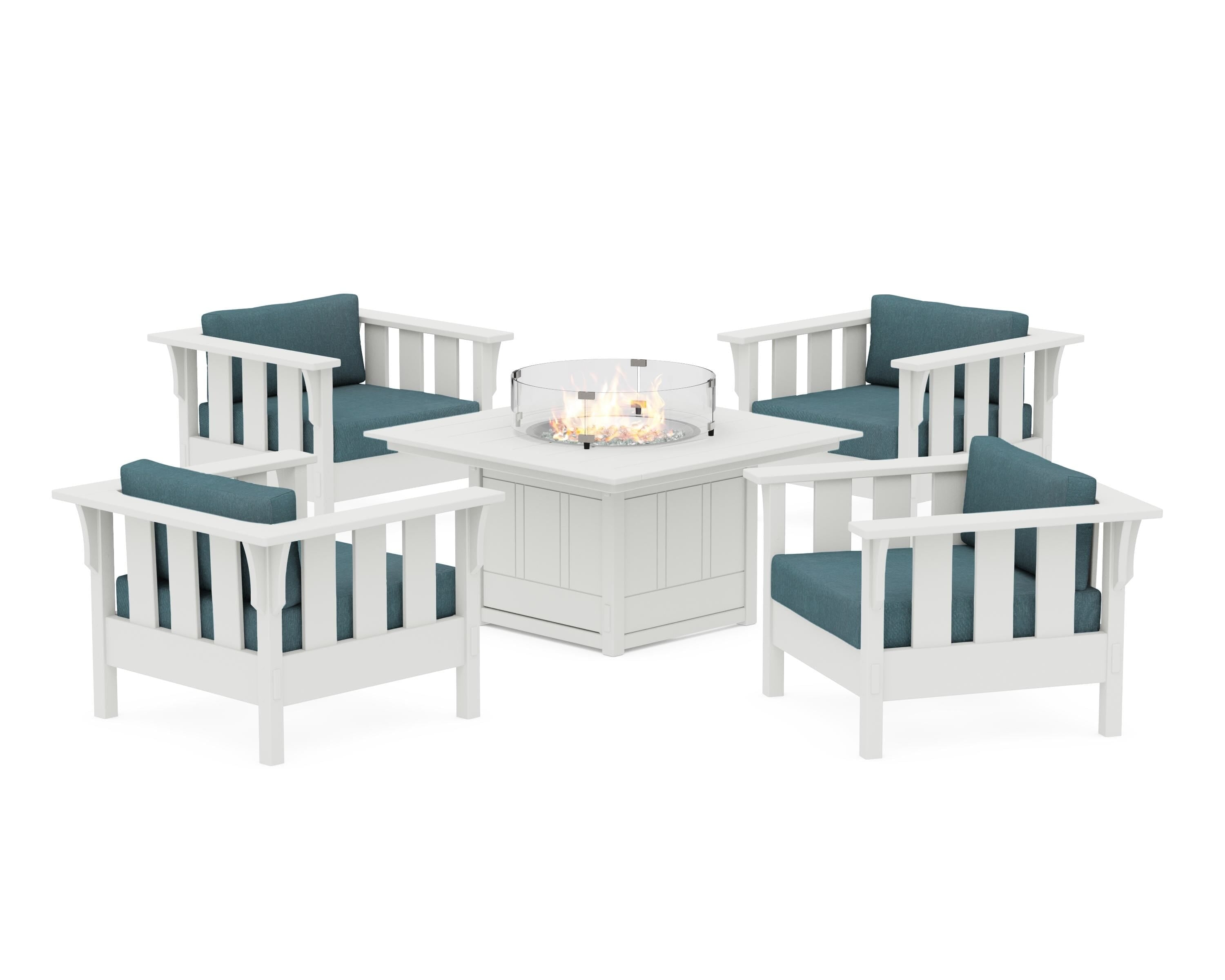 Martha Stewart by POLYWOOD® Acadia 5-Piece Deep Seating Set with Fire Pit Table in White / Ocean Teal