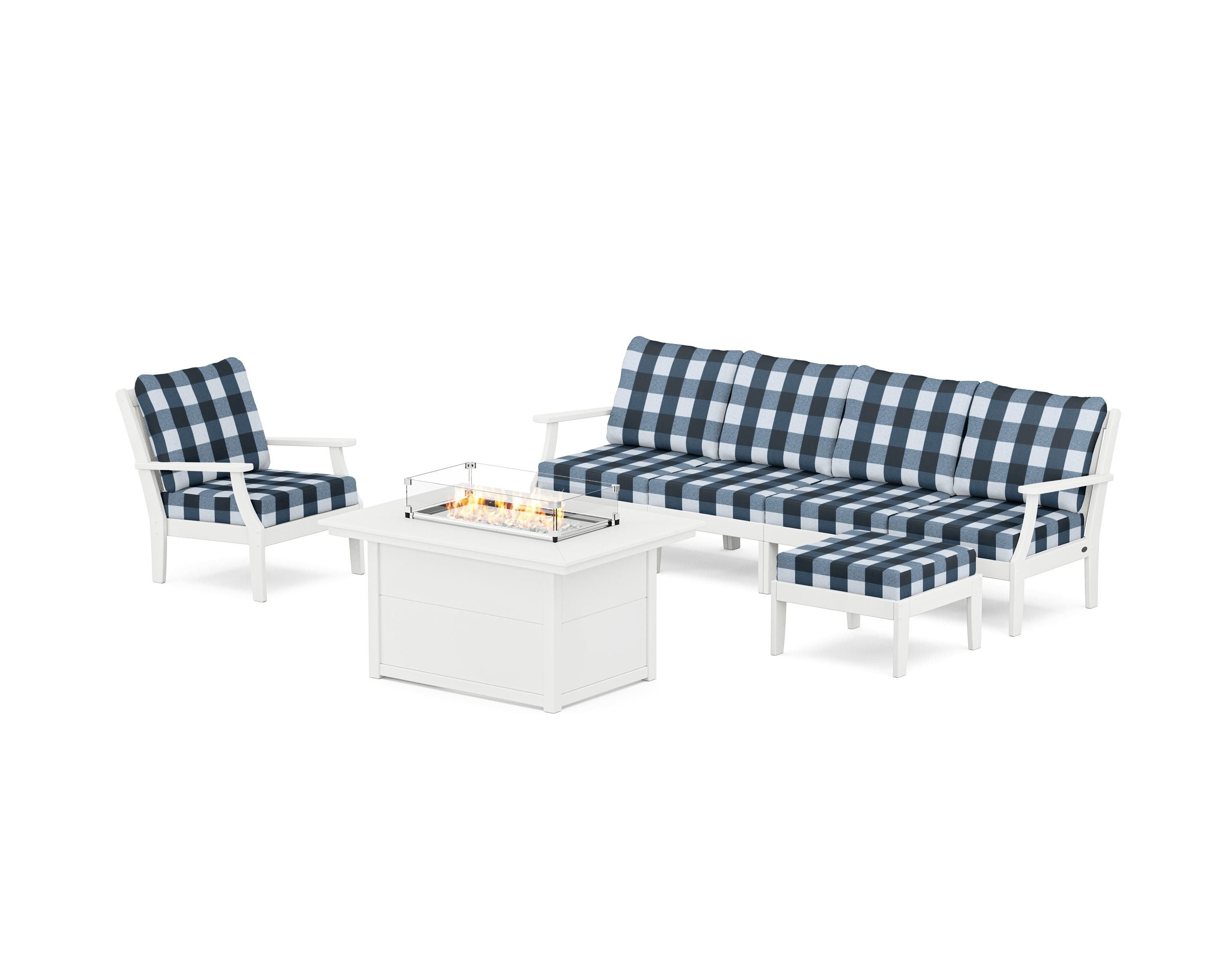 POLYWOOD® Braxton Sectional Lounge and Fire Pit Set in White / Buffalo Plaid Marine Indigo