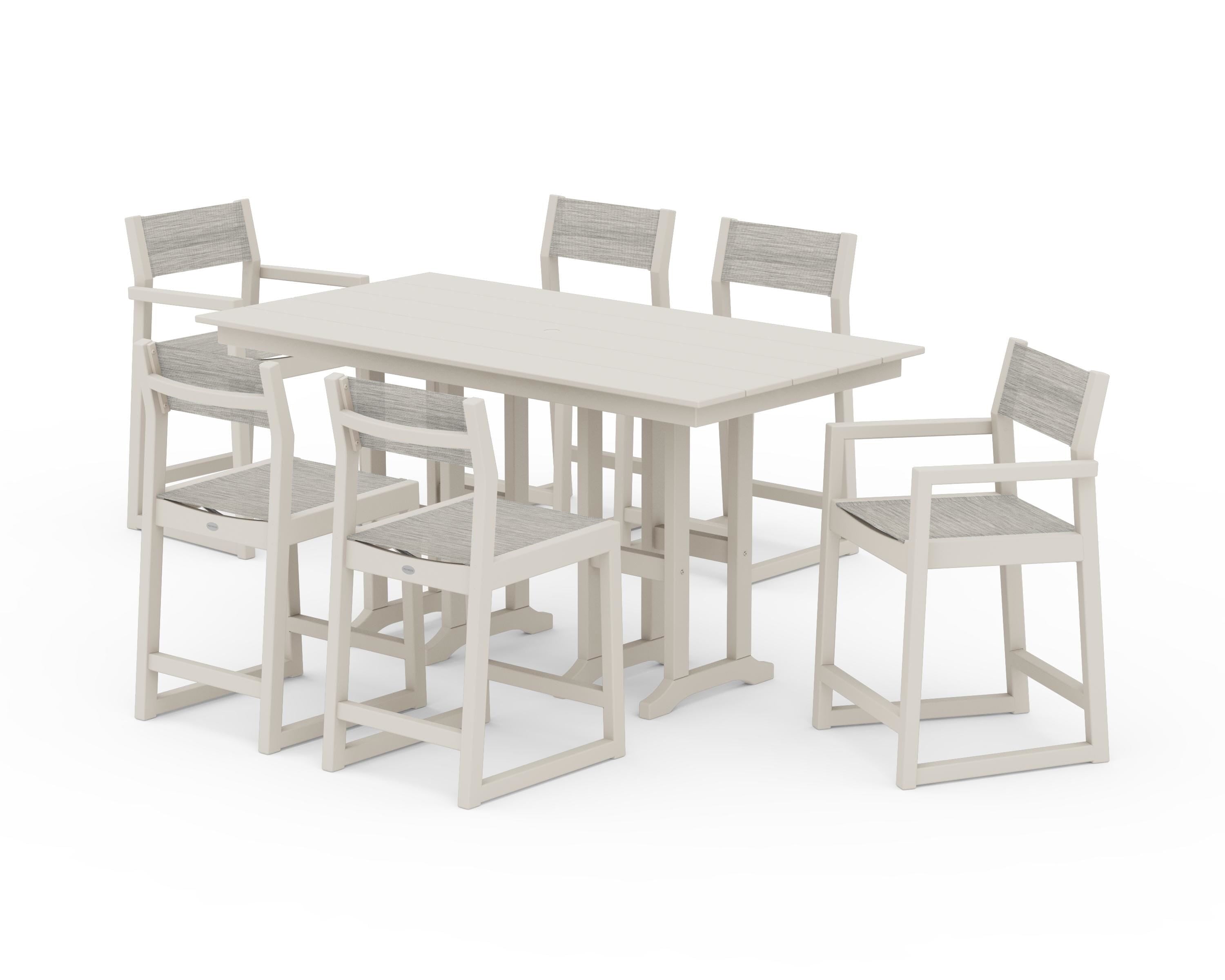 POLYWOOD® EDGE Sling 7-Piece Farmhouse Counter Set in Sand / Birch Sling