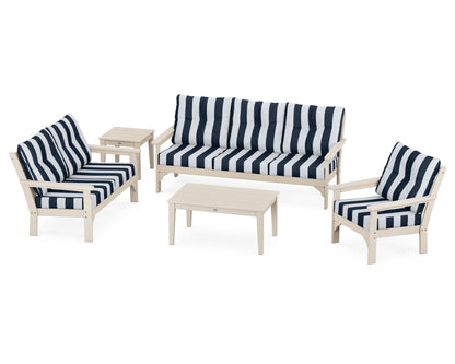 POLYWOOD® Vineyard 5 Piece Deep Seating Set in Sand / Cabana Stripe Marine Indigo