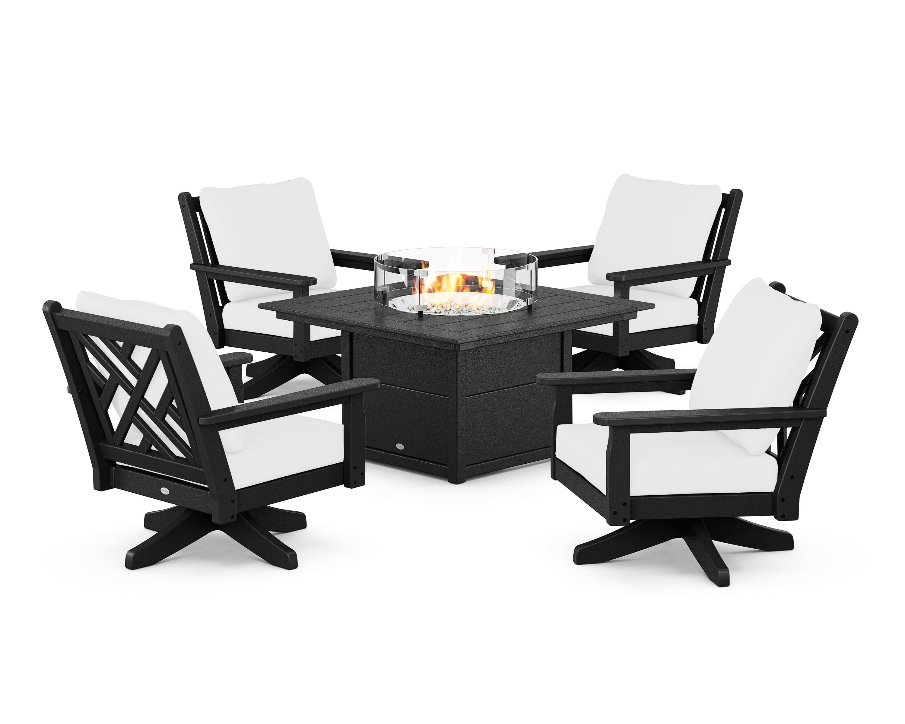 POLYWOOD® Chippendale 5-Piece Deep Seating Swivel Conversation Set with Fire Pit Table in Black / Natural