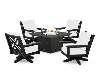 POLYWOOD® Chippendale 5-Piece Deep Seating Swivel Conversation Set with Fire Pit Table in Black / Natural