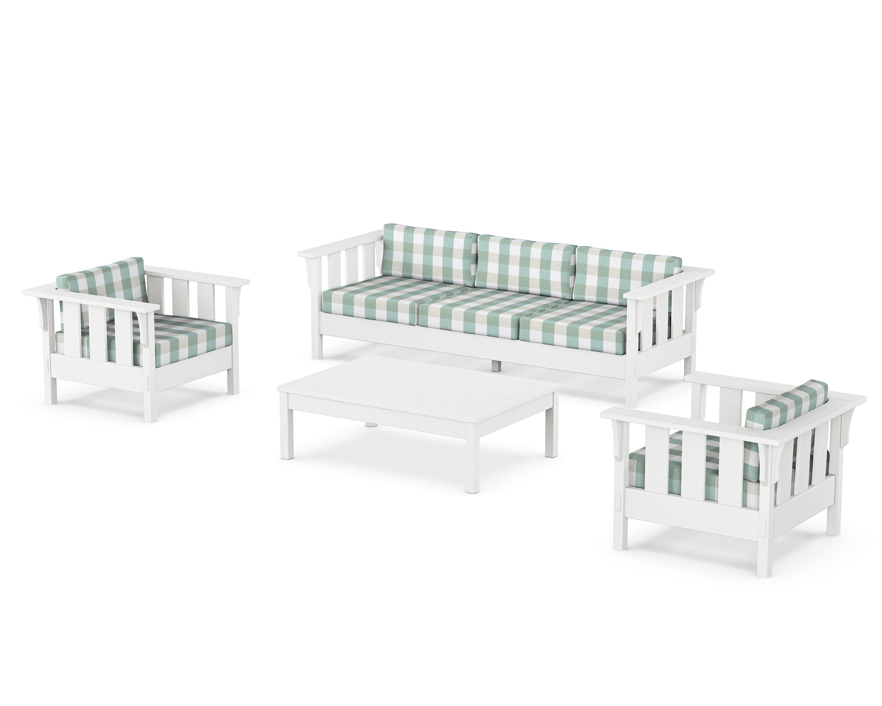 Martha Stewart by POLYWOOD® Acadia 4-Piece Deep Seating Set with Sofa in White / Buffalo Plaid Glacier Spa