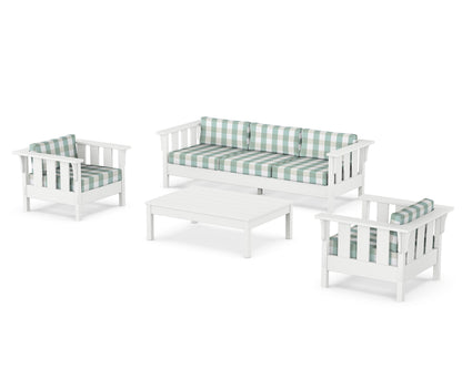 Martha Stewart by POLYWOOD® Acadia 4-Piece Deep Seating Set with Sofa in White / Buffalo Plaid Glacier Spa