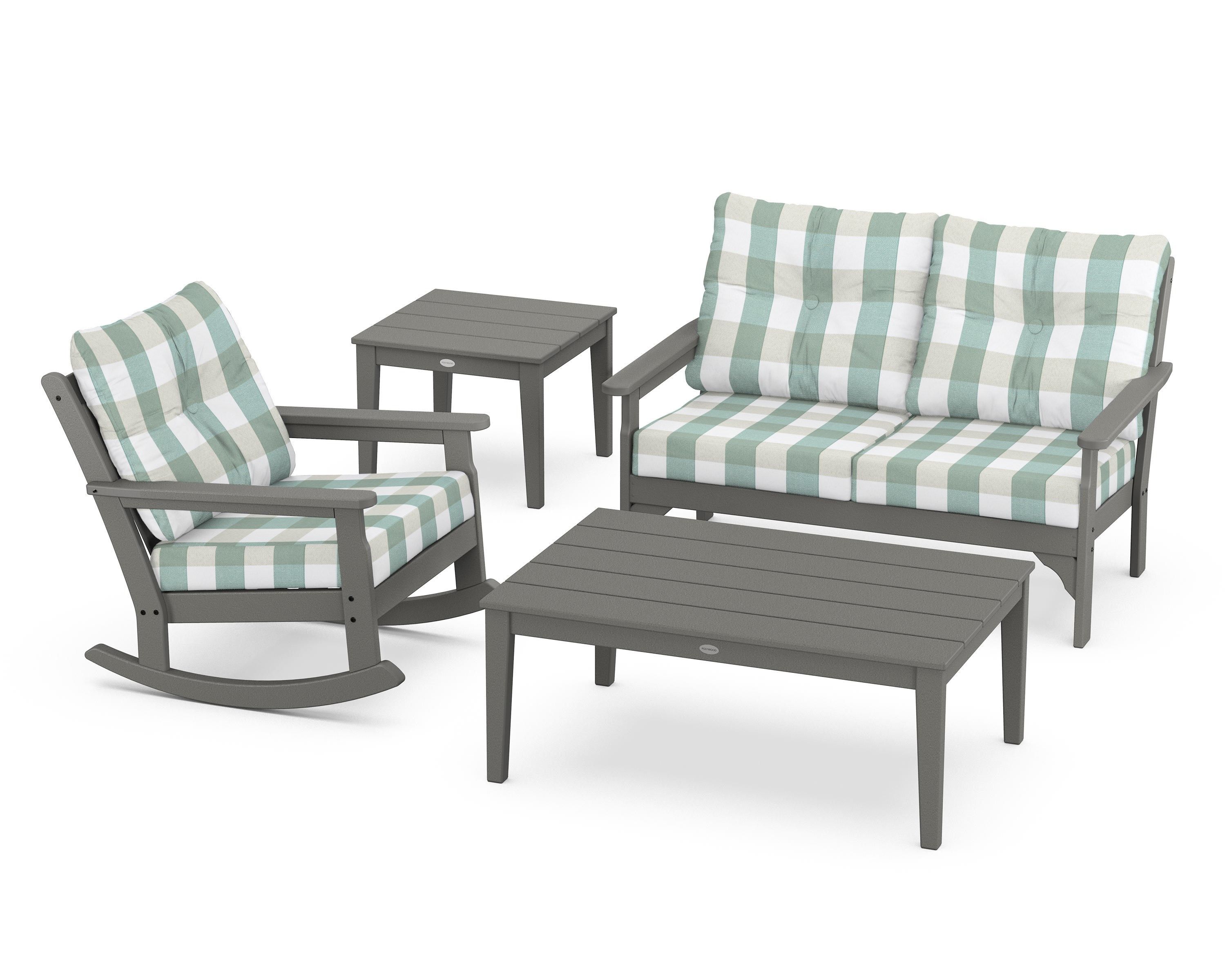 POLYWOOD® Vineyard 4-Piece Deep Seating Rocker Set in Slate Grey / Buffalo Plaid Glacier Spa
