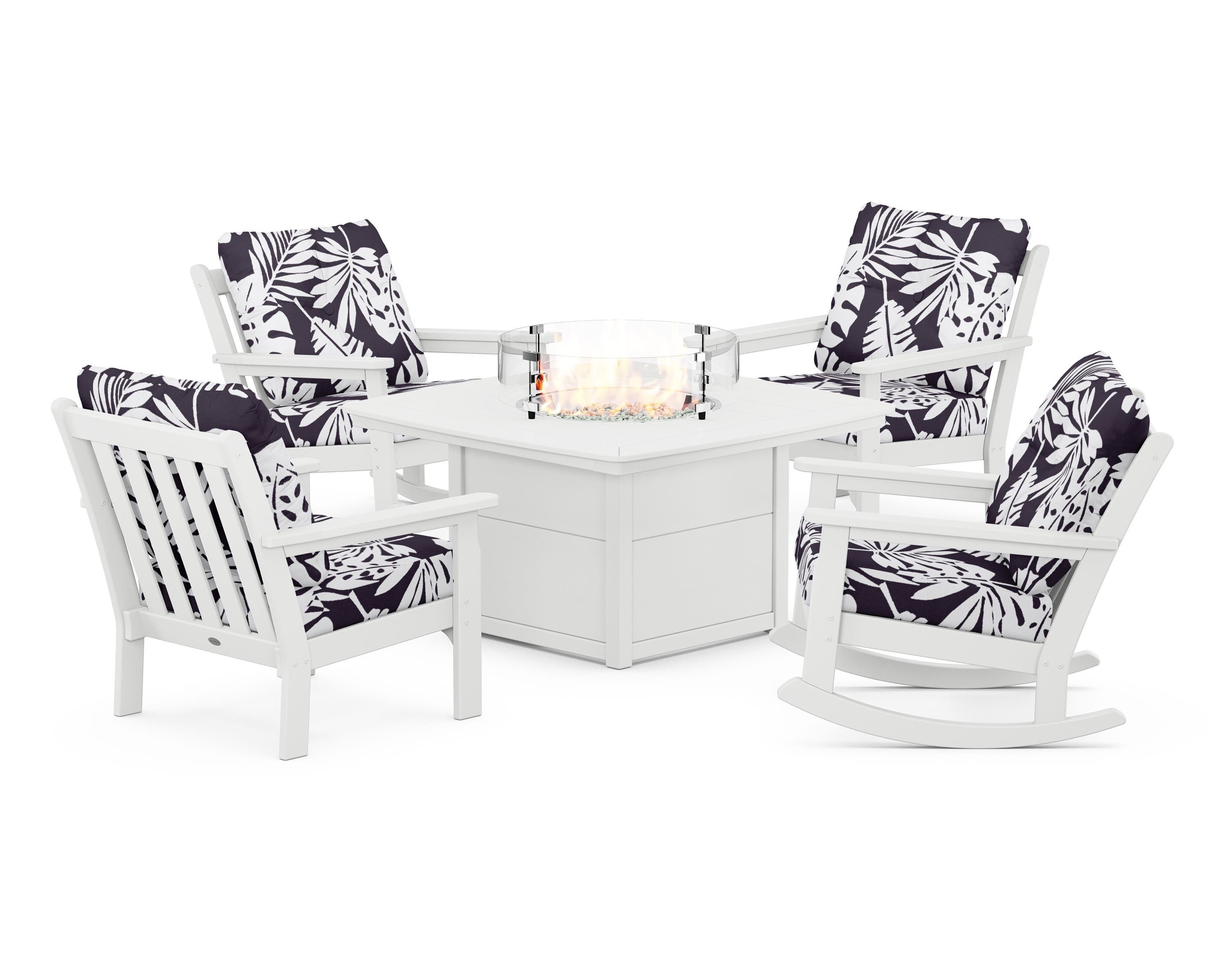 POLYWOOD® Vineyard 5-Piece Deep Seating Rocking Chair Conversation Set with Fire Pit Table in White / Leaf Navy