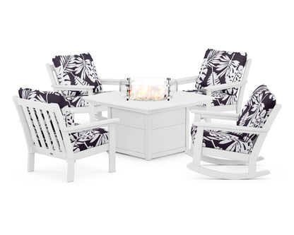 POLYWOOD® Vineyard 5-Piece Deep Seating Rocking Chair Conversation Set with Fire Pit Table in White / Leaf Navy