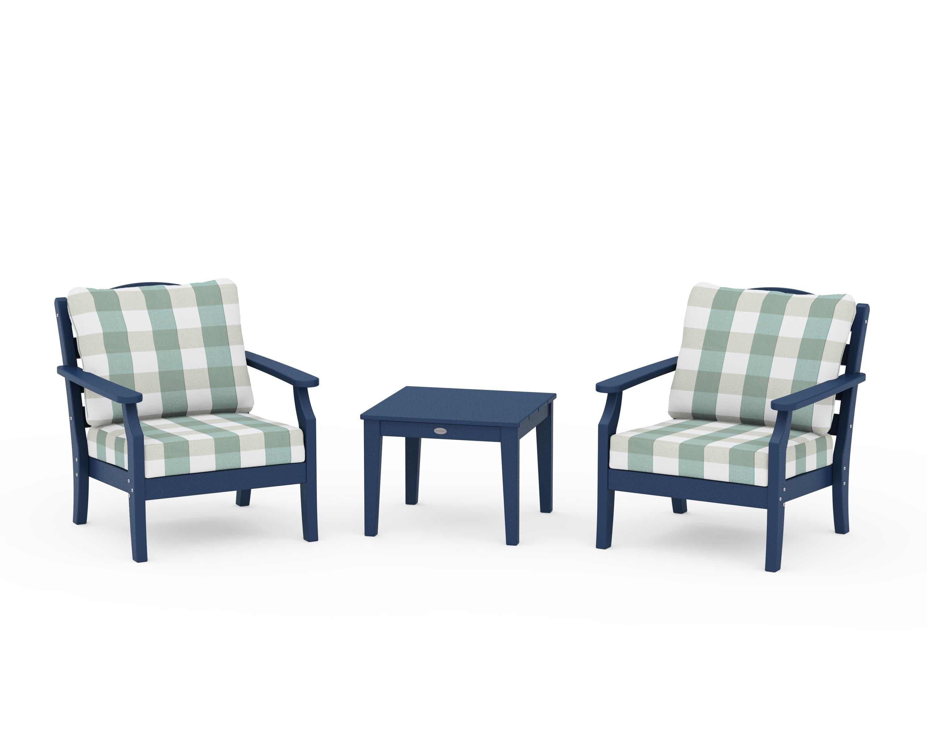 Draper James™ by  POLYWOOD® Savannah 3-Piece Deep Seating Set in Navy / Buffalo Plaid Glacier Spa