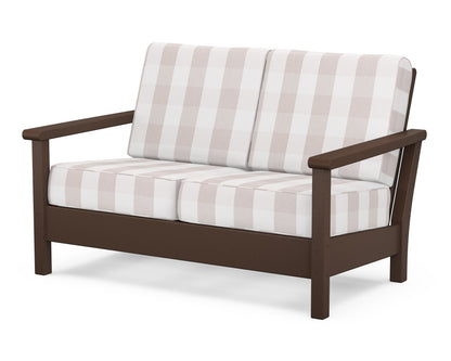 POLYWOOD® Harbour Deep Seating Loveseat in Mahogany / Buffalo Plaid Dune Burlap