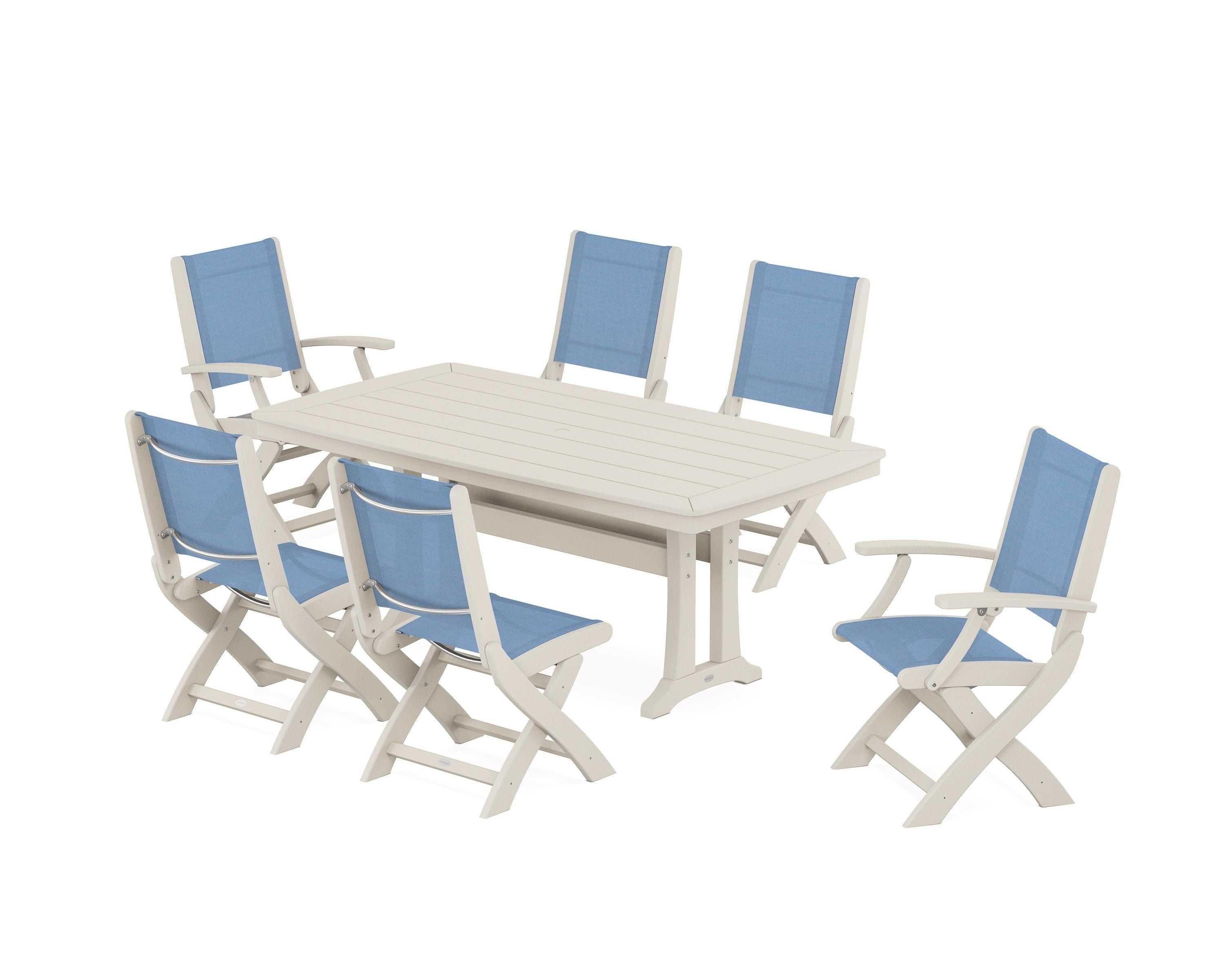 POLYWOOD® Coastal Folding Chair 7-Piece Dining Set with Trestle Legs in Sand / Poolside Sling