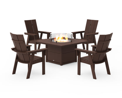 POLYWOOD® Modern 4-Piece Curveback Upright Adirondack Conversation Set with Fire Pit Table in Mahogany