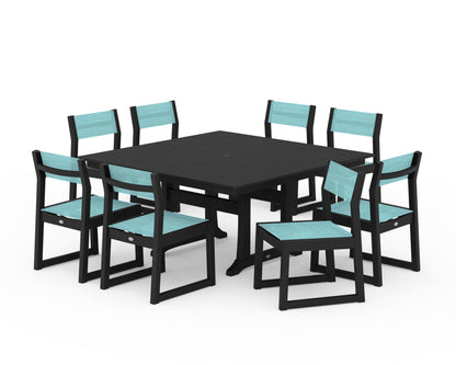 POLYWOOD® EDGE Sling Side Chair 9-Piece Farmhouse Trestle Dining Set in Black / Dupioni Aquamarine Sling