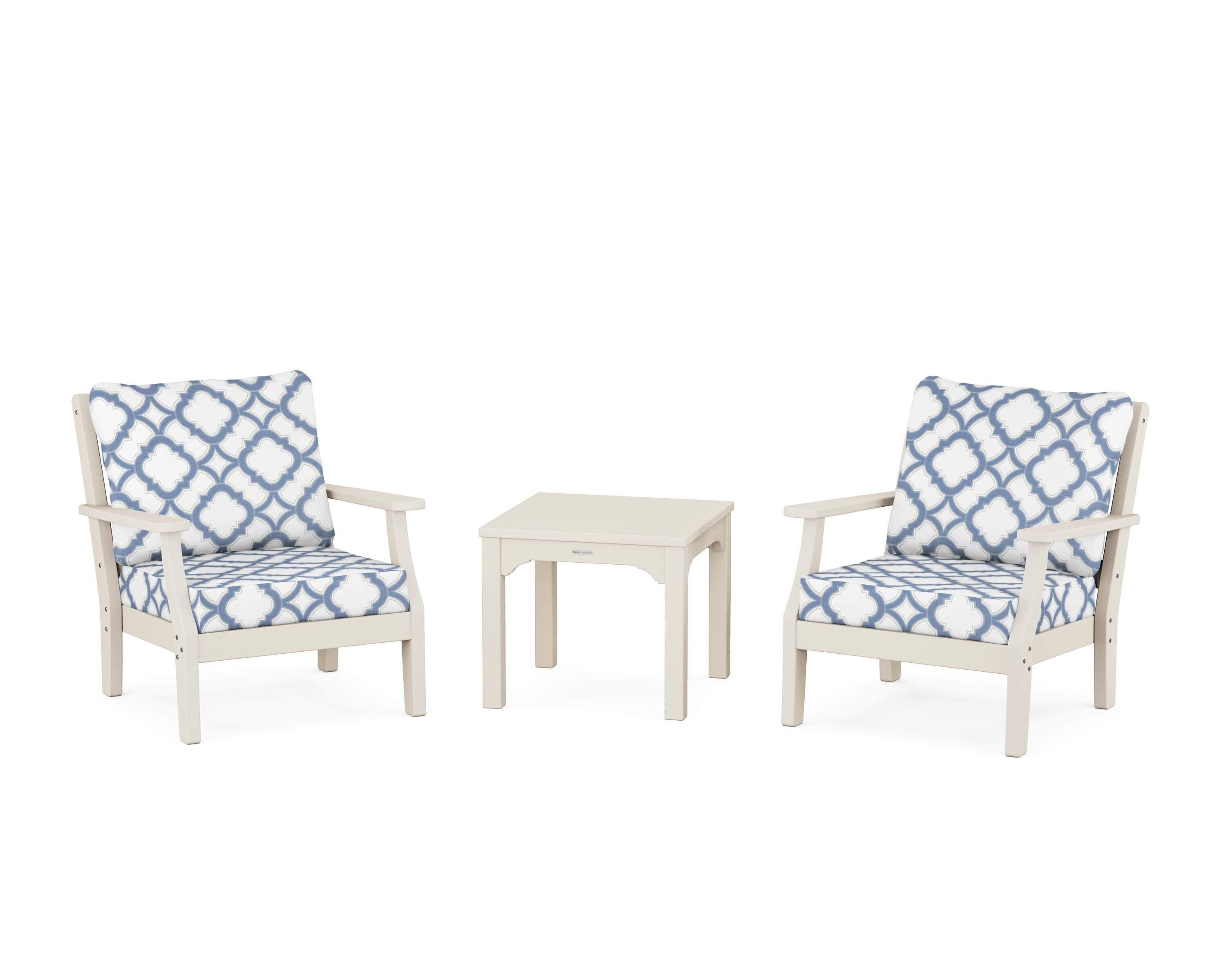 Martha Stewart by POLYWOOD® Chinoiserie 3-Piece Deep Seating Set in Sand / Trellis Sky Blue